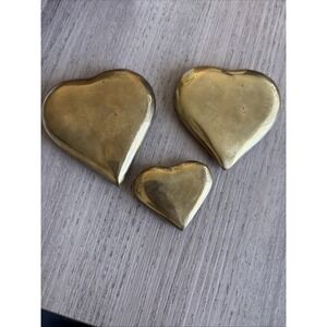 Vintage Set Of 3 Brass Heart Paperweights 3" & 1.5"  Solid Brass